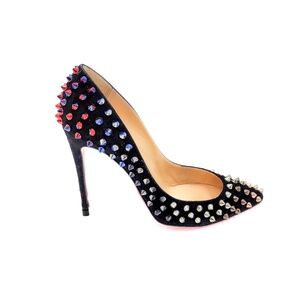 Christian Louboutin Pigalle 100 Black Suede Chromatic Spiked Pumps Heels EU 36.5